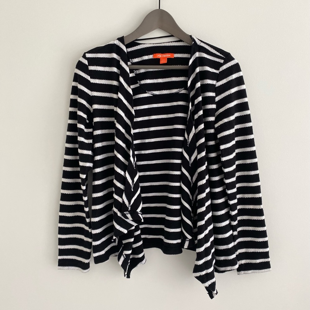 Black and White striped open front sweater